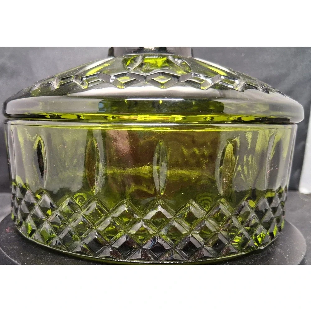 Vintage Olive Green Pressed Glass Candy Dish Lid Diamond Point Thumbprint Jar